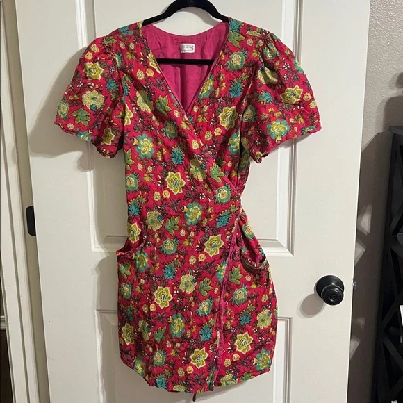 Sue Sartor medium or large Floral Red Dress with Tie Waist pink and green - Picture 1 of 6